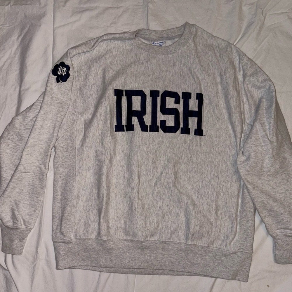 University of Notre Dame “Irish” crew neck sweatshirt.Embroidered navy letters